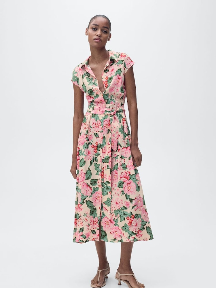 Mango Pink Floral Midi Shirt Dress - Image 1 of 6