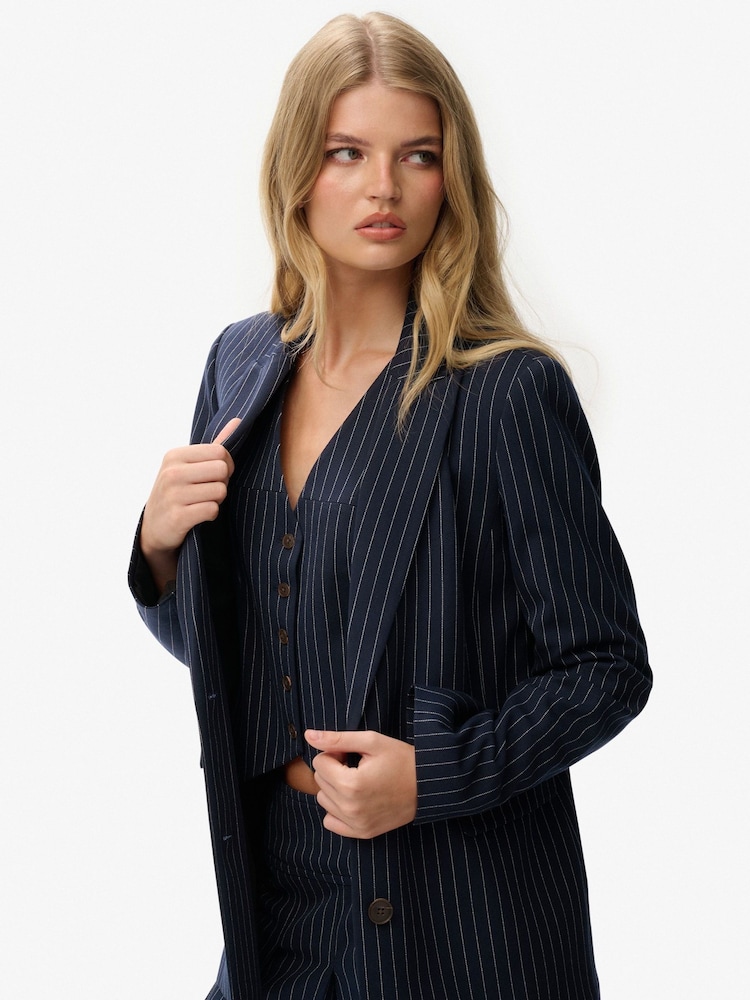 Superdry Navy Pinstripe Boyfriend Blazer - Image 2 of 7 Superdry Navy Pinstripe Boyfriend Blazer - Image 2 of 7