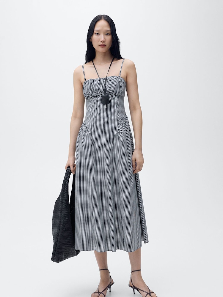 Mango Black And White Pinstripe Structured Fit & Flare Midi Dress - Image 1 of 4 Mango Black And White Pinstripe Structured Fit & Flare Midi Dress - Image 1 of 4