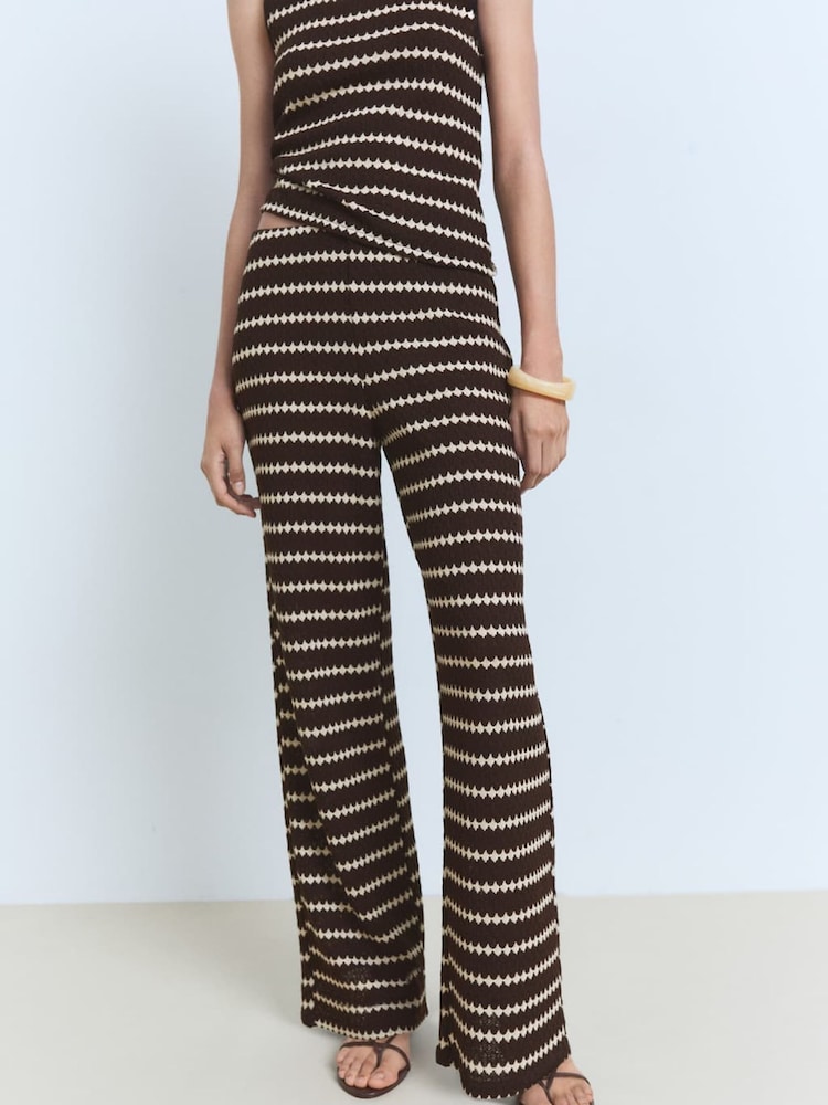 Mango Brown Knitted Wide Leg Stripe Trousers - Image 1 of 4