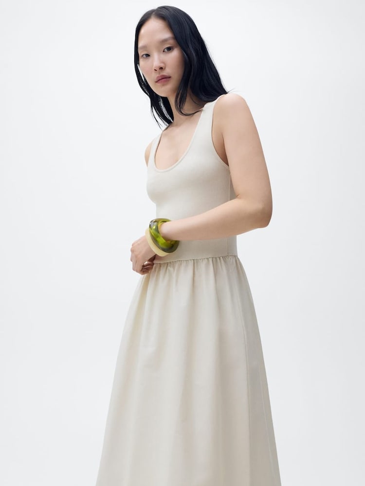 Mango Cream Cream 2 in 1 Mix Jersey Woven Midi Dress - Image 1 of 4 Mango Cream Cream 2 in 1 Mix Jersey Woven Midi Dress - Image 1 of 4