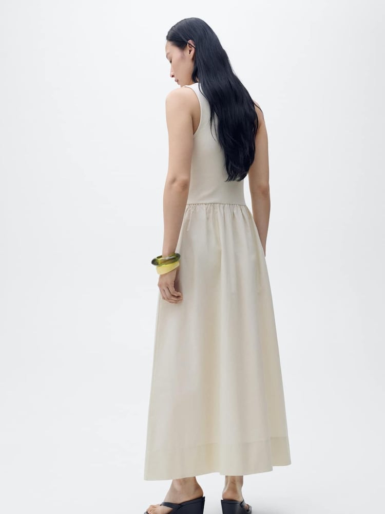 Mango Cream Cream 2 in 1 Mix Jersey Woven Midi Dress - Image 2 of 4 Mango Cream Cream 2 in 1 Mix Jersey Woven Midi Dress - Image 2 of 4