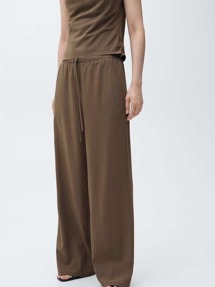 Mango Brown Drawstring Waist Wide Leg Trousers - Image 1 of 5 Mango Brown Drawstring Waist Wide Leg Trousers - Image 1 of 5