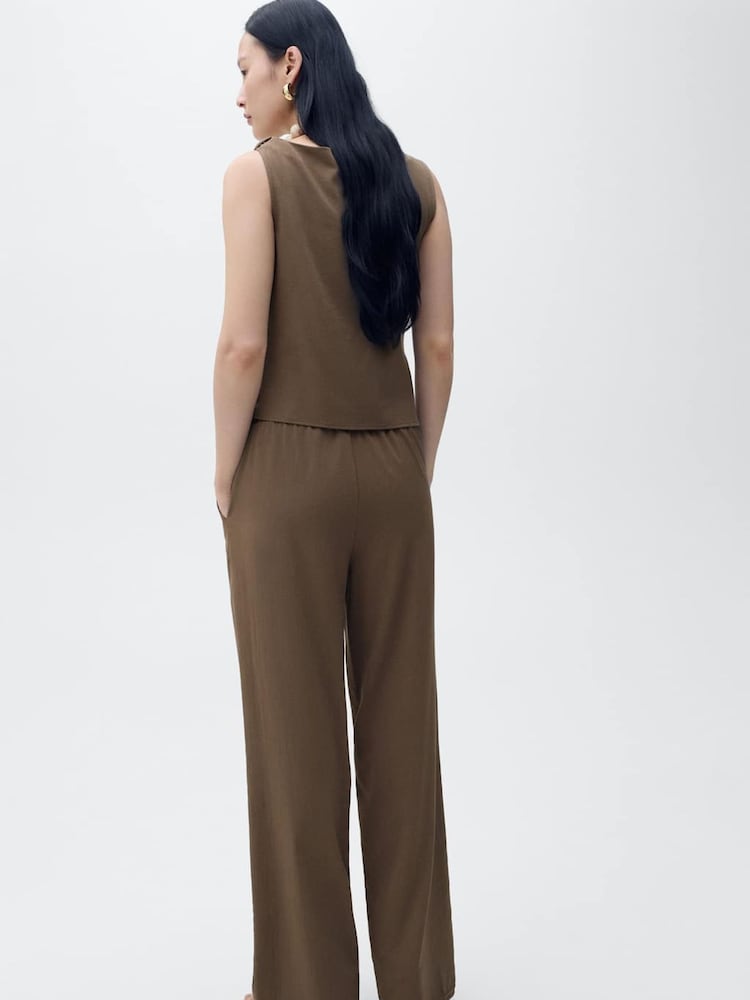 Mango Brown Drawstring Waist Wide Leg Trousers - Image 2 of 5 Mango Brown Drawstring Waist Wide Leg Trousers - Image 2 of 5