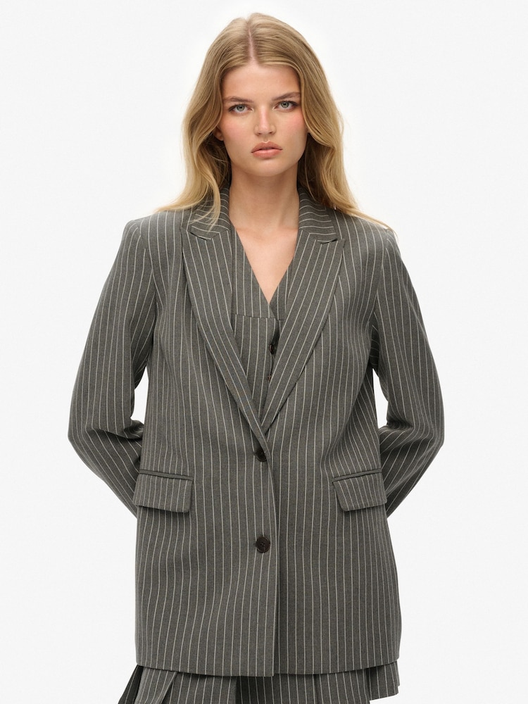 Superdry Grey Pinstripe Boyfriend Blazer - Image 1 of 7 Superdry Grey Pinstripe Boyfriend Blazer - Image 1 of 7