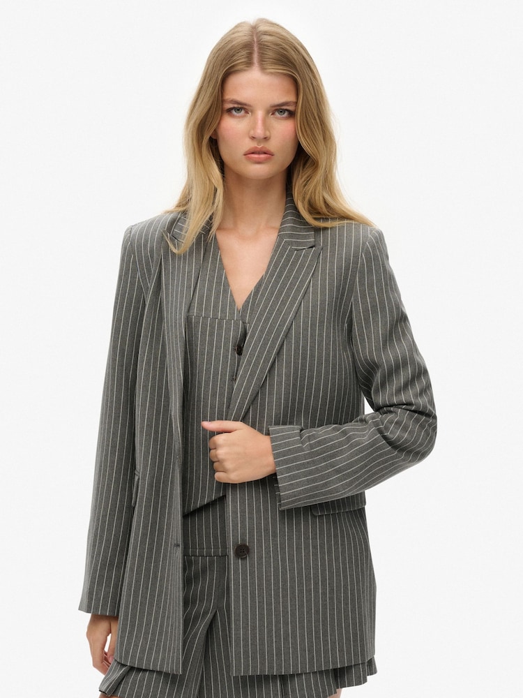 Superdry Grey Pinstripe Boyfriend Blazer - Image 2 of 7 Superdry Grey Pinstripe Boyfriend Blazer - Image 2 of 7