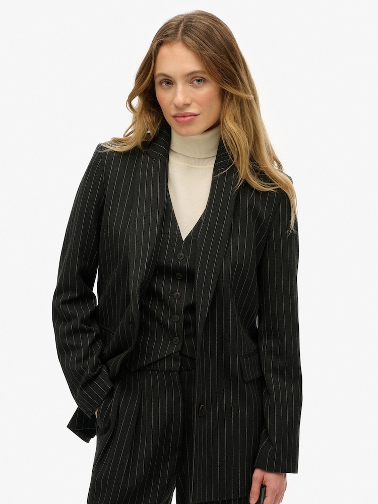 Superdry Charcoal Grey Pinstripe Boyfriend Blazer - Image 1 of 6