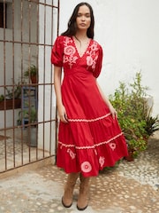 Another Sunday Red Embroidered V-Neck 100% Cotton Midi Dress - Image 1 of 4