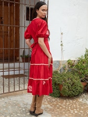Another Sunday Red Embroidered V-Neck 100% Cotton Midi Dress - Image 2 of 4