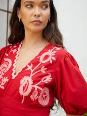 Another Sunday Red Embroidered V-Neck 100% Cotton Midi Dress - Image 3 of 4