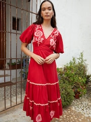 Another Sunday Red Embroidered V-Neck 100% Cotton Midi Dress - Image 4 of 4