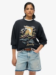 Superdry Black Suika Embroidered Loose Crew 100% Cotton Sweat Top - Image 1 of 6