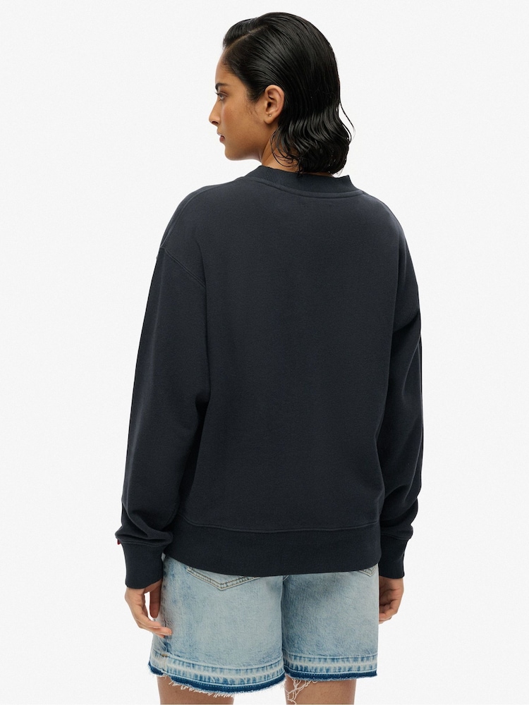 Superdry Black Suika Embroidered Loose Crew 100% Cotton Sweat Top - Image 2 of 6