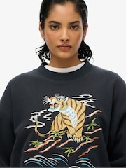 Superdry Black Suika Embroidered Loose Crew 100% Cotton Sweat Top - Image 4 of 6