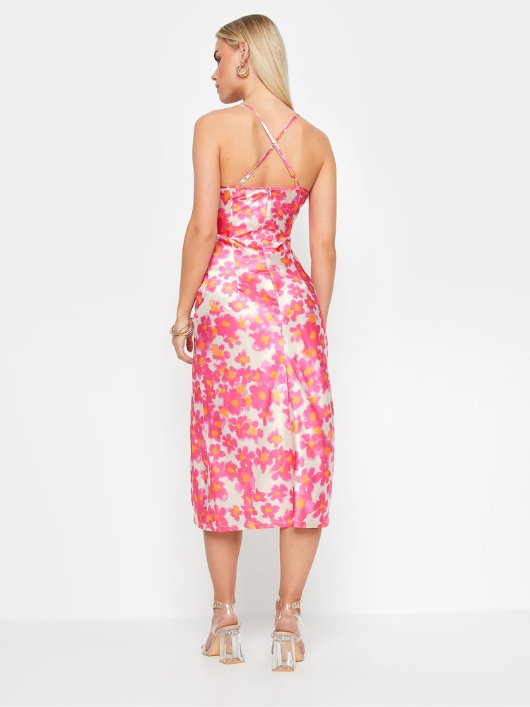 PixieGirl Petite Pink Floral Print Satin Midi Dress - Image 3 of 5