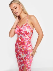 PixieGirl Petite Pink Floral Print Satin Midi Dress - Image 4 of 5