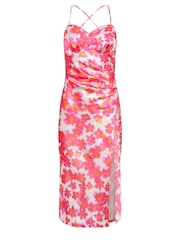 PixieGirl Petite Pink Floral Print Satin Midi Dress - Image 5 of 5