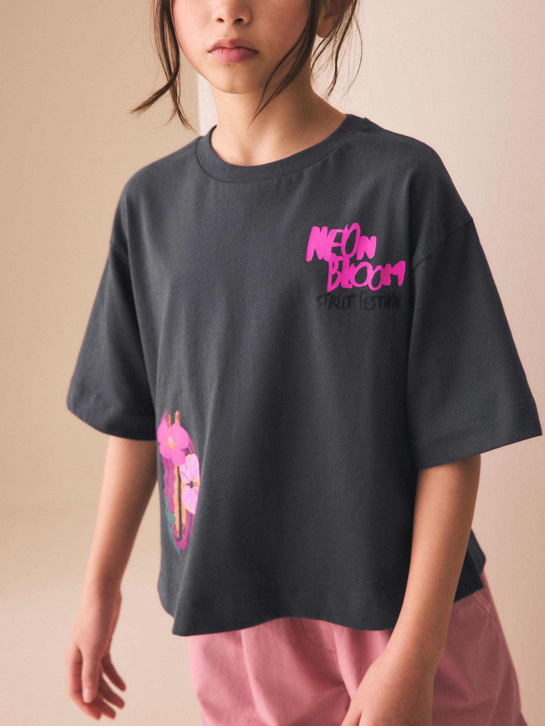 Buy Black Bright Floral Oversized Graphic Print T-Shirt (3-16yrs