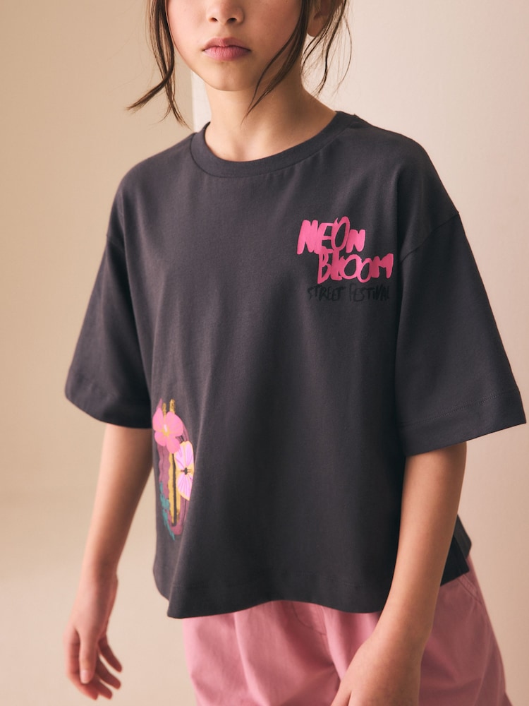Black Bright Floral Oversized Graphic Print T-Shirt (3-16yrs) - Image 1 of 4