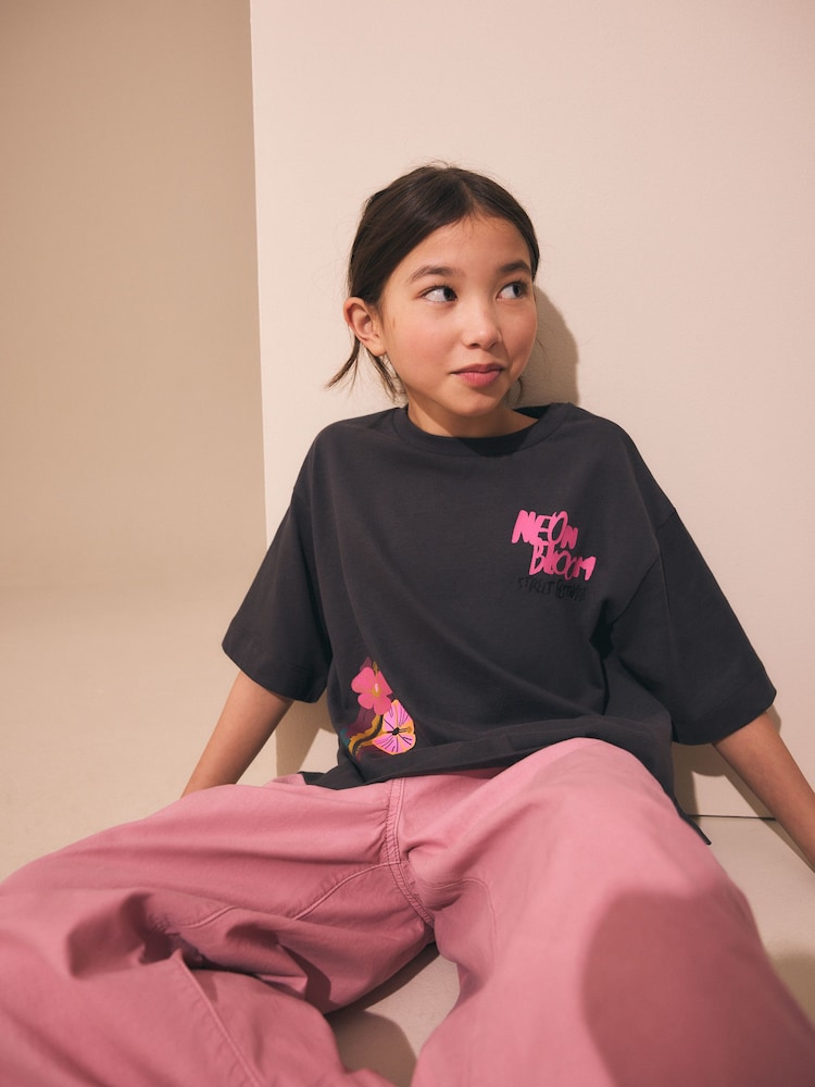Black Bright Floral Oversized Graphic Print T-Shirt (3-16yrs) - Image 2 of 4