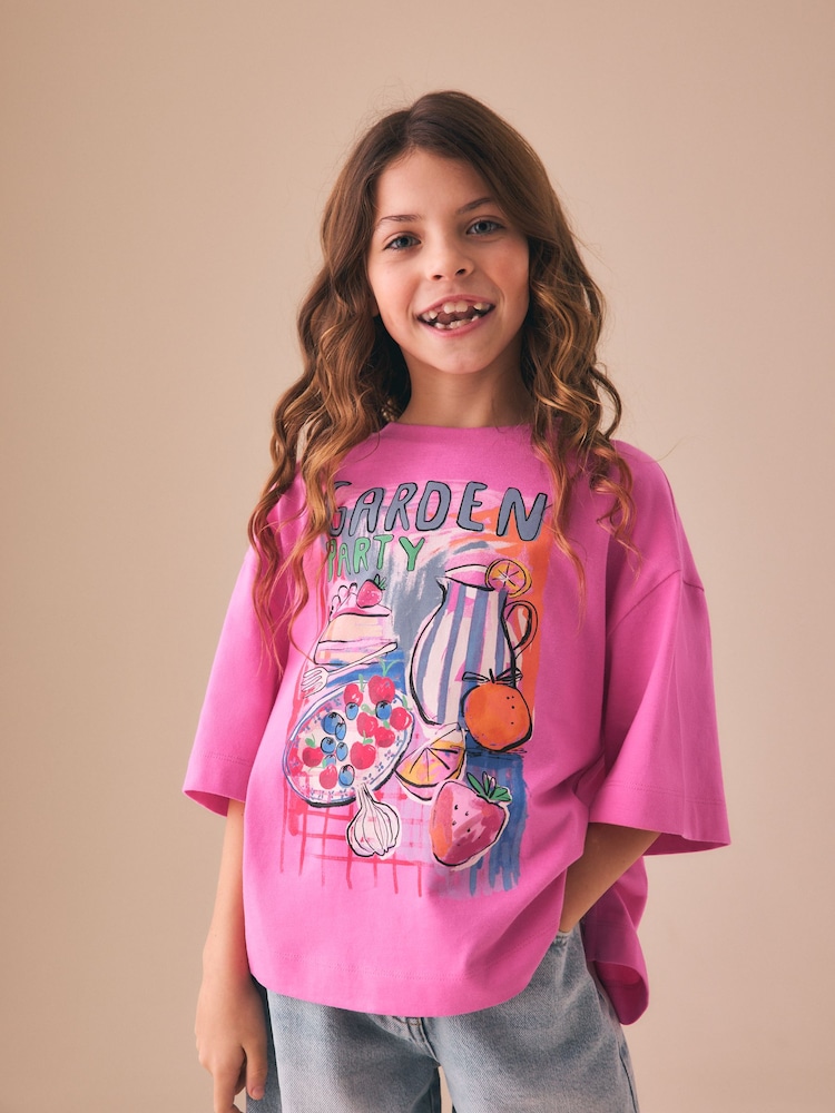 Grădina Roz - Oversized Boxy Graphic T-Shirt (3-16yrs) - Imaginea 1 din 7