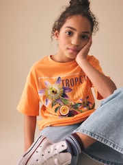 橙色花朵 - 超大版型印花 T 裇（3-16 歲） - 圖片 1/7