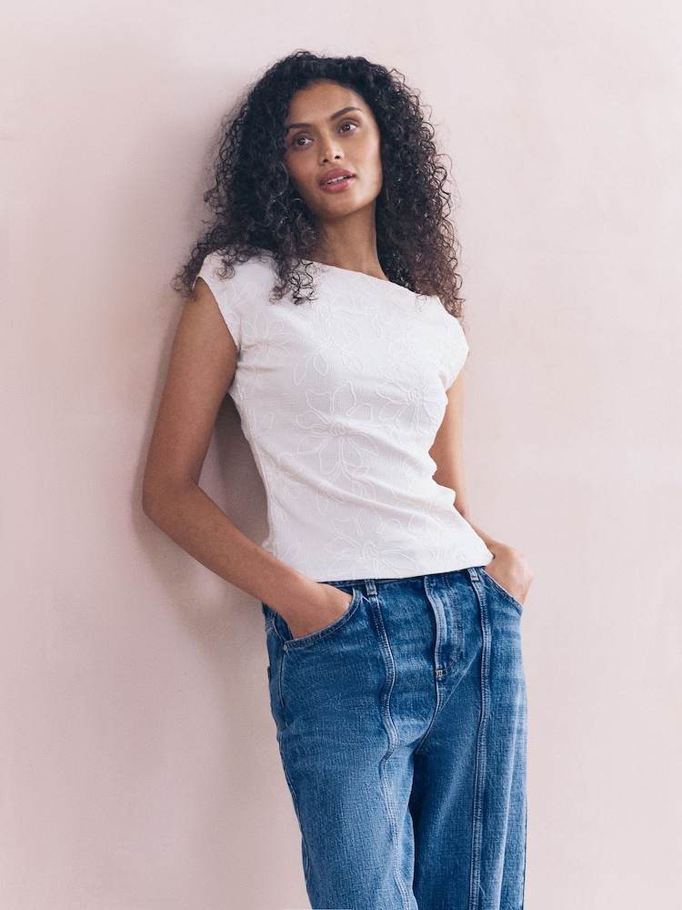 Ecru Short Sleeve Cornelli Textured Top - Image 1 of 6 Ecru Short Sleeve Cornelli Textured Top - Image 1 of 6