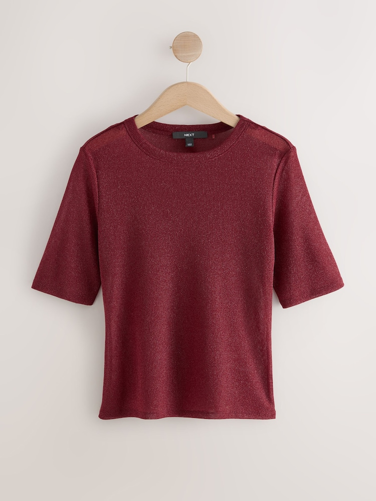 Berry Red Sparkle Half Sleeve Crew Neck T-shirt - Image 1 of 3