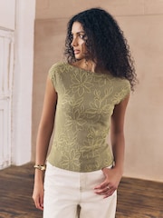 Khaki Green Short Sleeve Cornelli Textured Top - Image 1 of 5