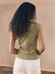 Khaki Green Short Sleeve Cornelli Textured Top - Image 2 of 5