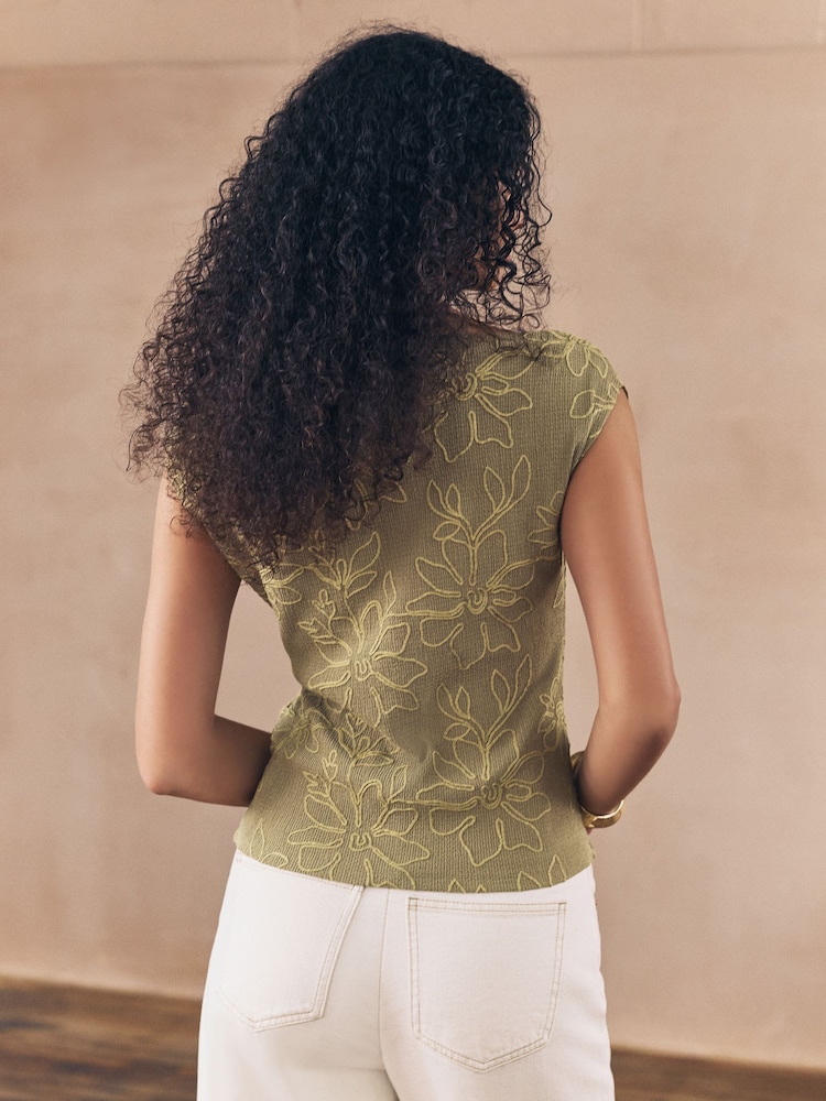 Khaki Green Short Sleeve Cornelli Textured Top - Image 2 of 5 Khaki Green Short Sleeve Cornelli Textured Top - Image 2 of 5
