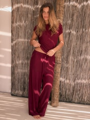 Berry Red Wide Leg Jacqaurd Trousers - Image 1 of 4