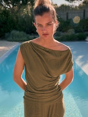 Olive Green Drape Sleeveless Jacquard Top - Image 1 of 5