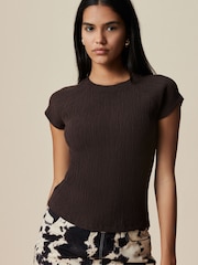 Chocolate Brown Raglan Short Sleeve Textured Top - Image 1 of 5