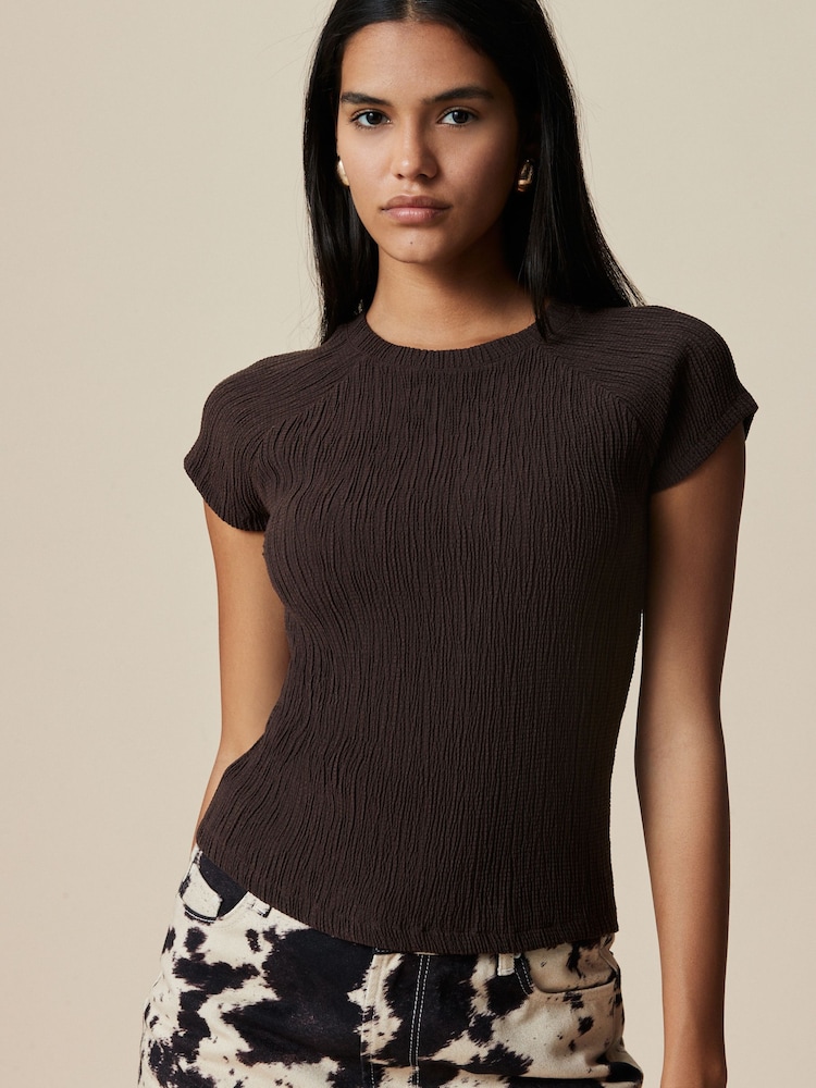 Chocolate Brown Raglan Short Sleeve Textured Top - Image 1 of 5