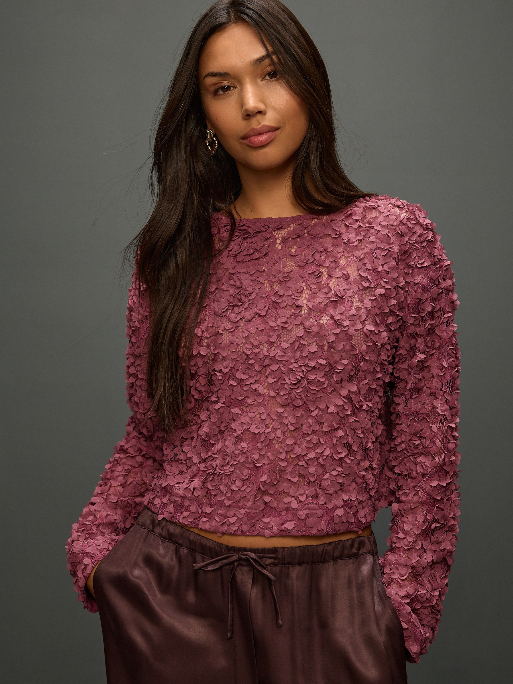 Buy Mauve Purple 3D Floral Long Sleeve Crew Neck Top from the Next