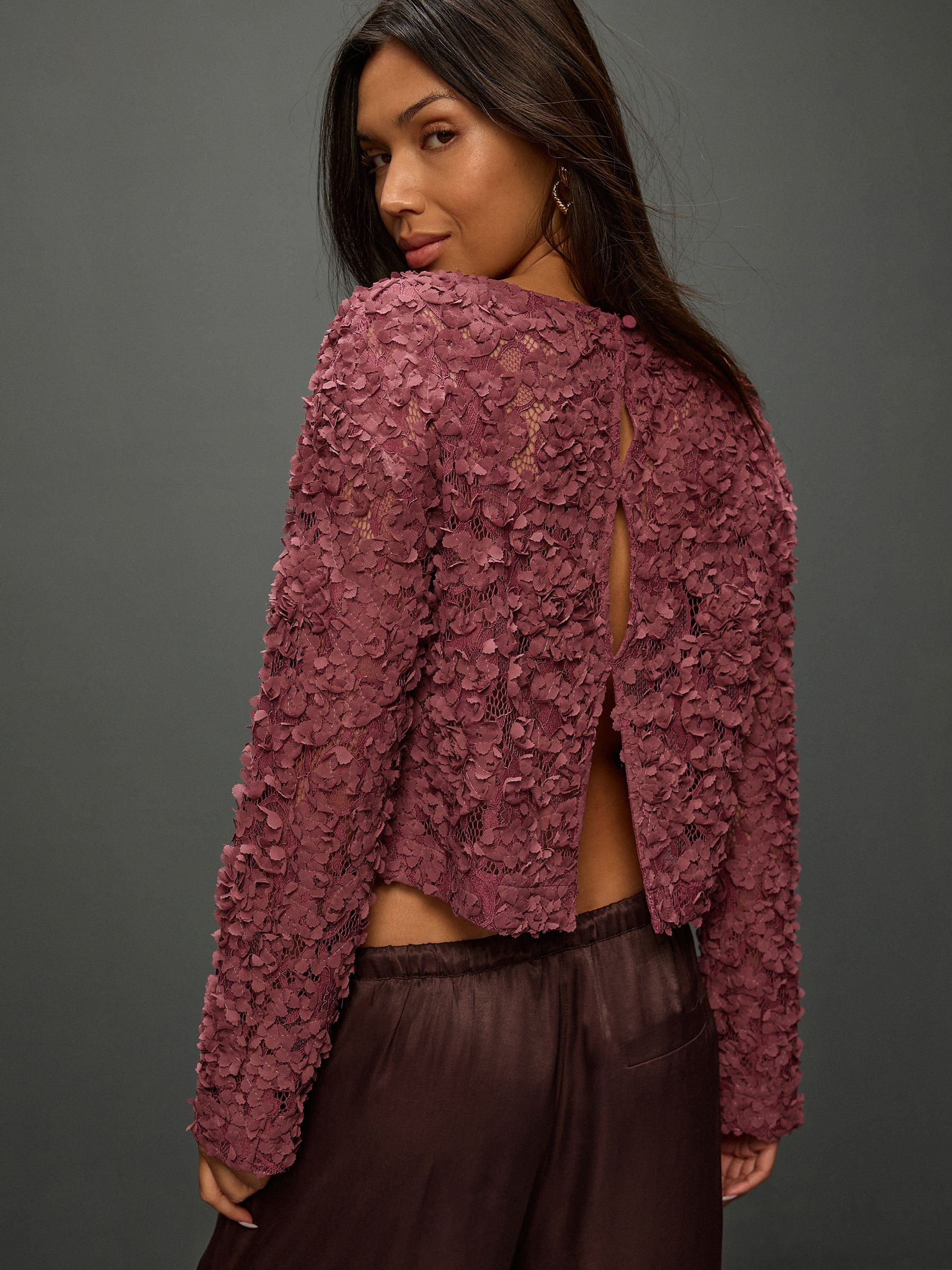 Buy Mauve Purple 3D Floral Long Sleeve Crew Neck Top from the Next