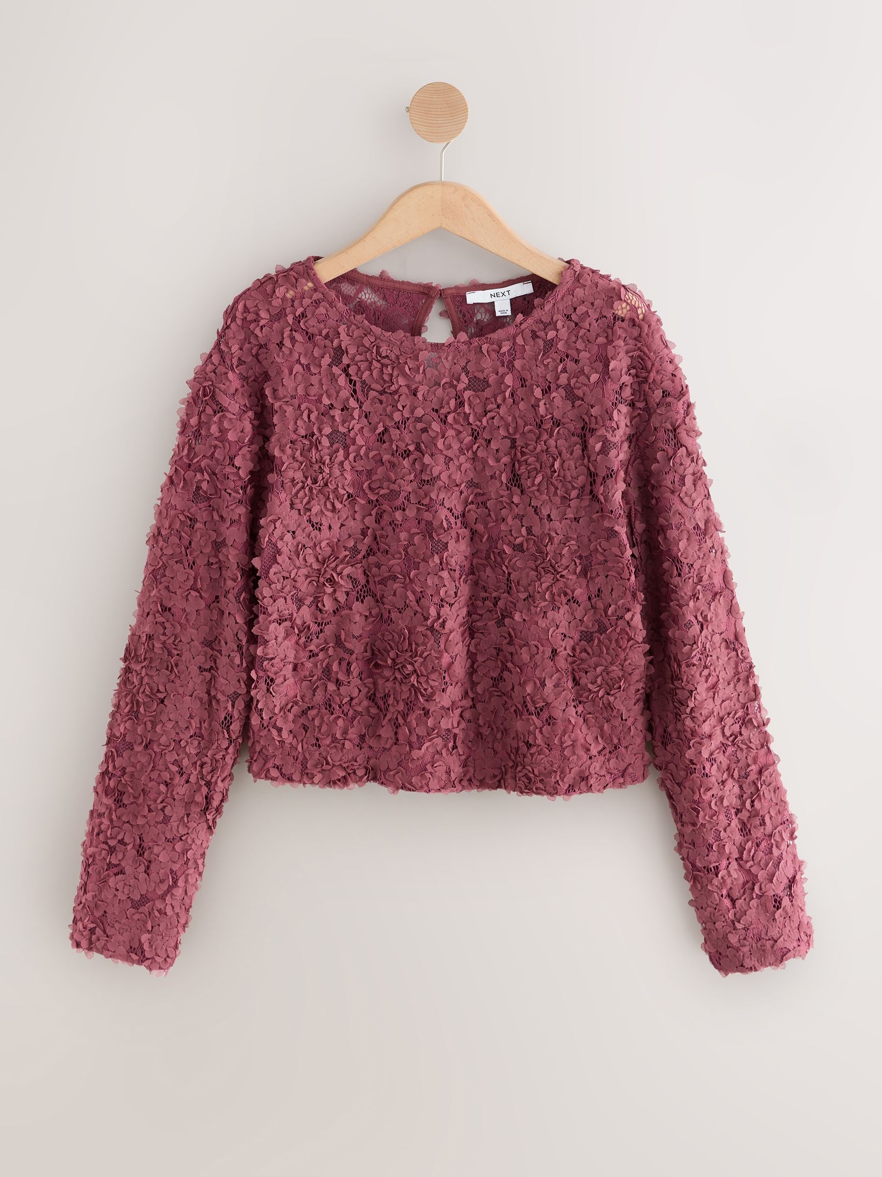 Buy Mauve Purple 3D Floral Long Sleeve Crew Neck Top from the Next
