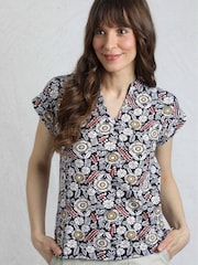 Weird Fish Blue Alia Printed Jersey 100% Cotton Blouse - Image 1 of 7