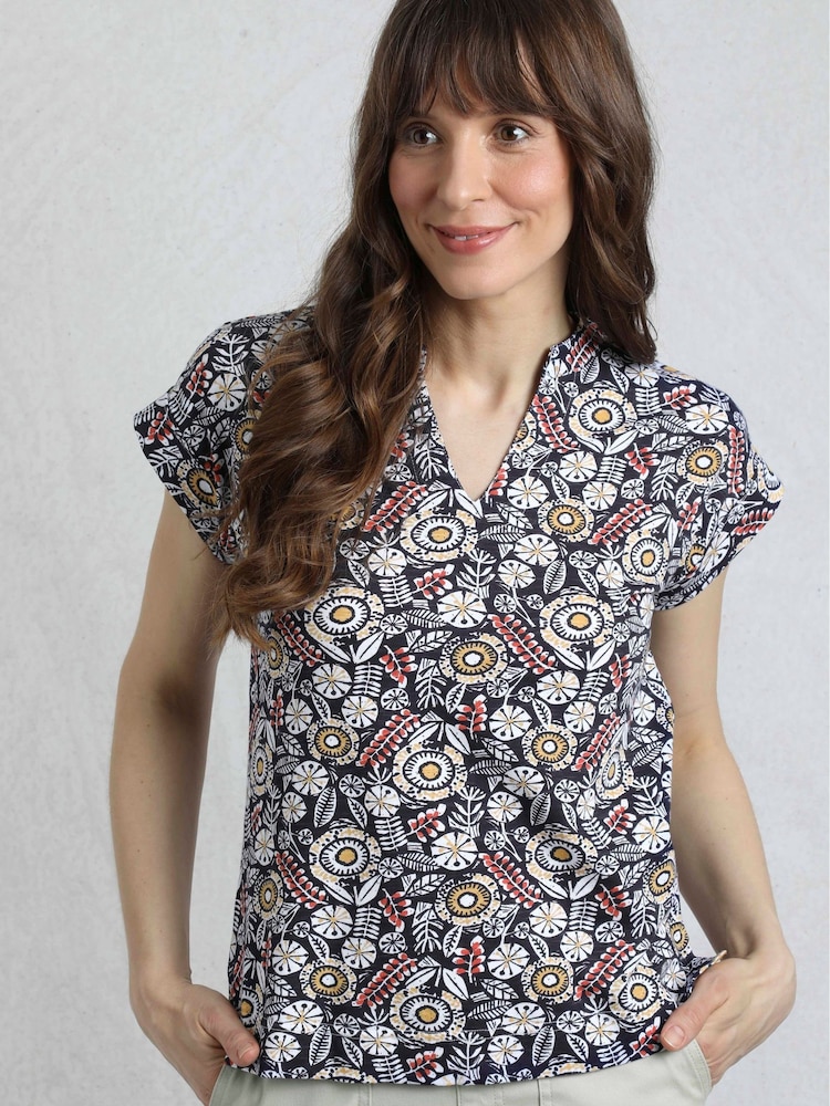 Weird Fish Blue Alia Printed Jersey 100% Cotton Blouse - Image 1 of 7