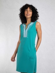 Weird Fish Green Anaya Embroidered Jersey 100% Cotton Shift Dress - Image 1 of 7