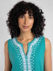 Weird Fish Green Anaya Embroidered Jersey 100% Cotton Shift Dress - Image 4 of 7