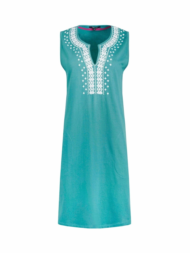 Weird Fish Green Anaya Embroidered Jersey 100% Cotton Shift Dress - Image 6 of 7