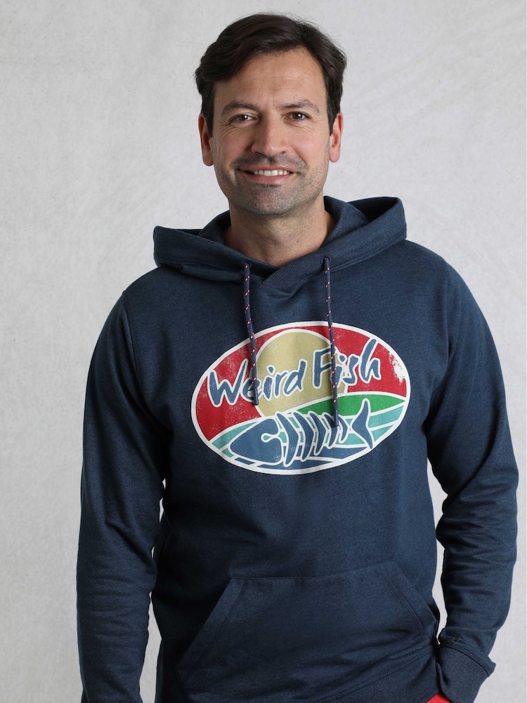 Weird Fish Blue Bryant Front Print Graphic Popover Hoodie - Image 1 of 6 Weird Fish Blue Bryant Front Print Graphic Popover Hoodie - Image 1 of 6
