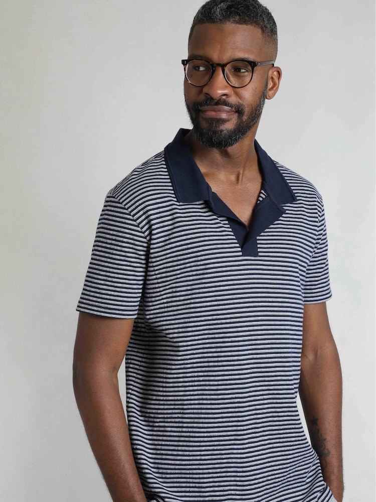 Weird Fish Blue Virgil Striped 100% Cotton Polo Shirt - Image 1 of 7