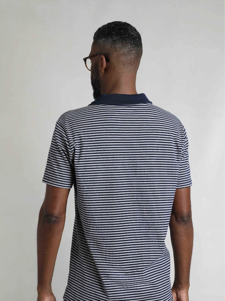 Weird Fish Blue Virgil Striped 100% Cotton Polo Shirt - Image 2 of 7