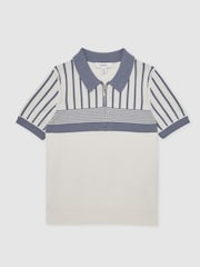 Reiss Off White/ Airforce Blue Hugo Cotton Stripe Knit Half-Zip Polo Shirt - Image 2 of 4