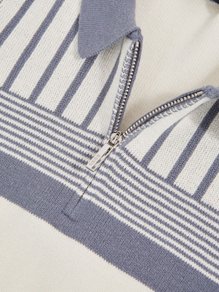 Reiss Off White/ Airforce Blue Hugo Cotton Stripe Knit Half-Zip Polo Shirt - Image 4 of 4