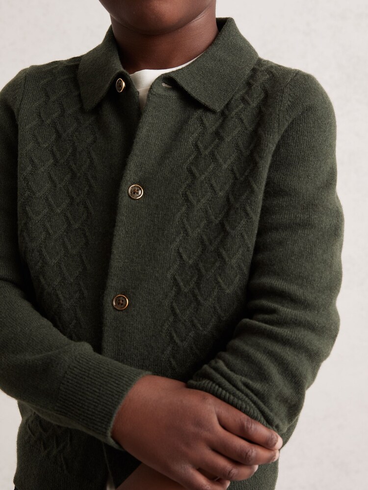 Reiss Forest Green Gideon Wool V-Stitch Button Through Cardigan - Image 1 of 4