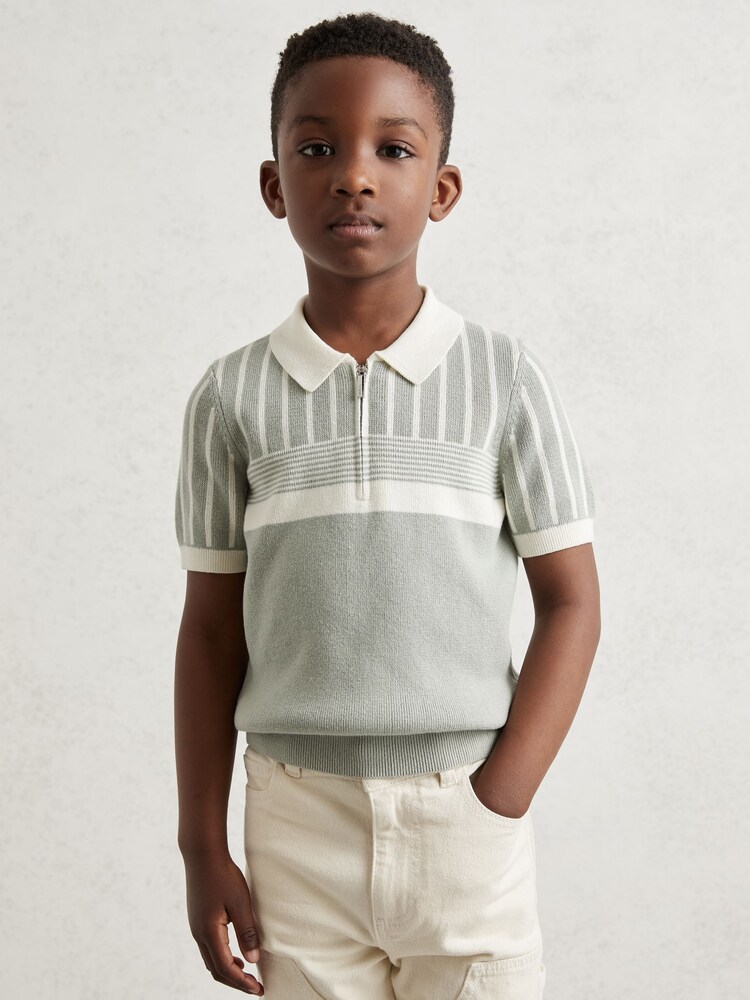Reiss Sage Green/Off White Hugo Cotton Stripe Knit Half Zip Polo Shirt - Image 1 of 4